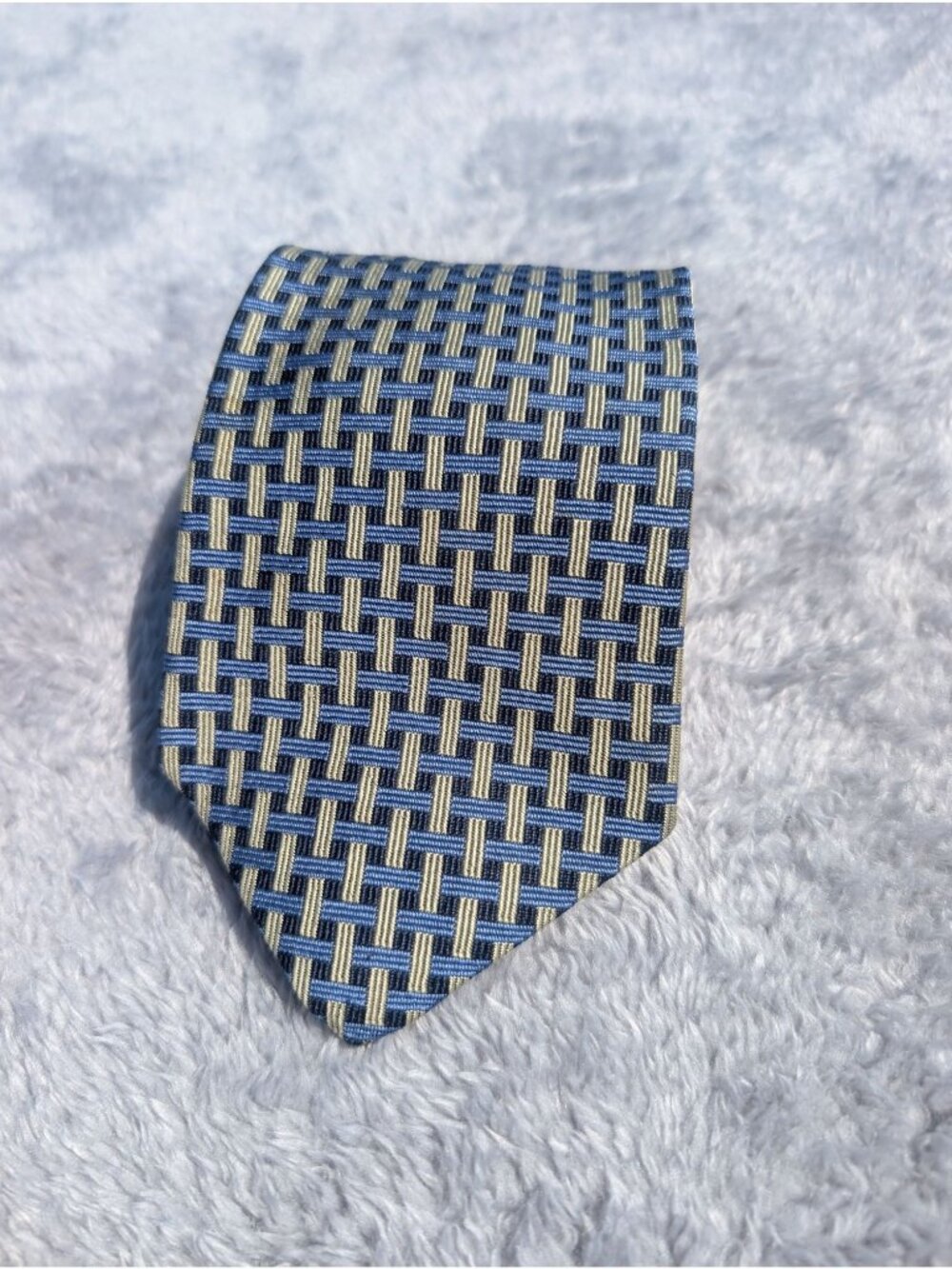 Brooks Brothers Makers Hand-Finished Silk Tie Blue & Beige Woven Geometric Desig